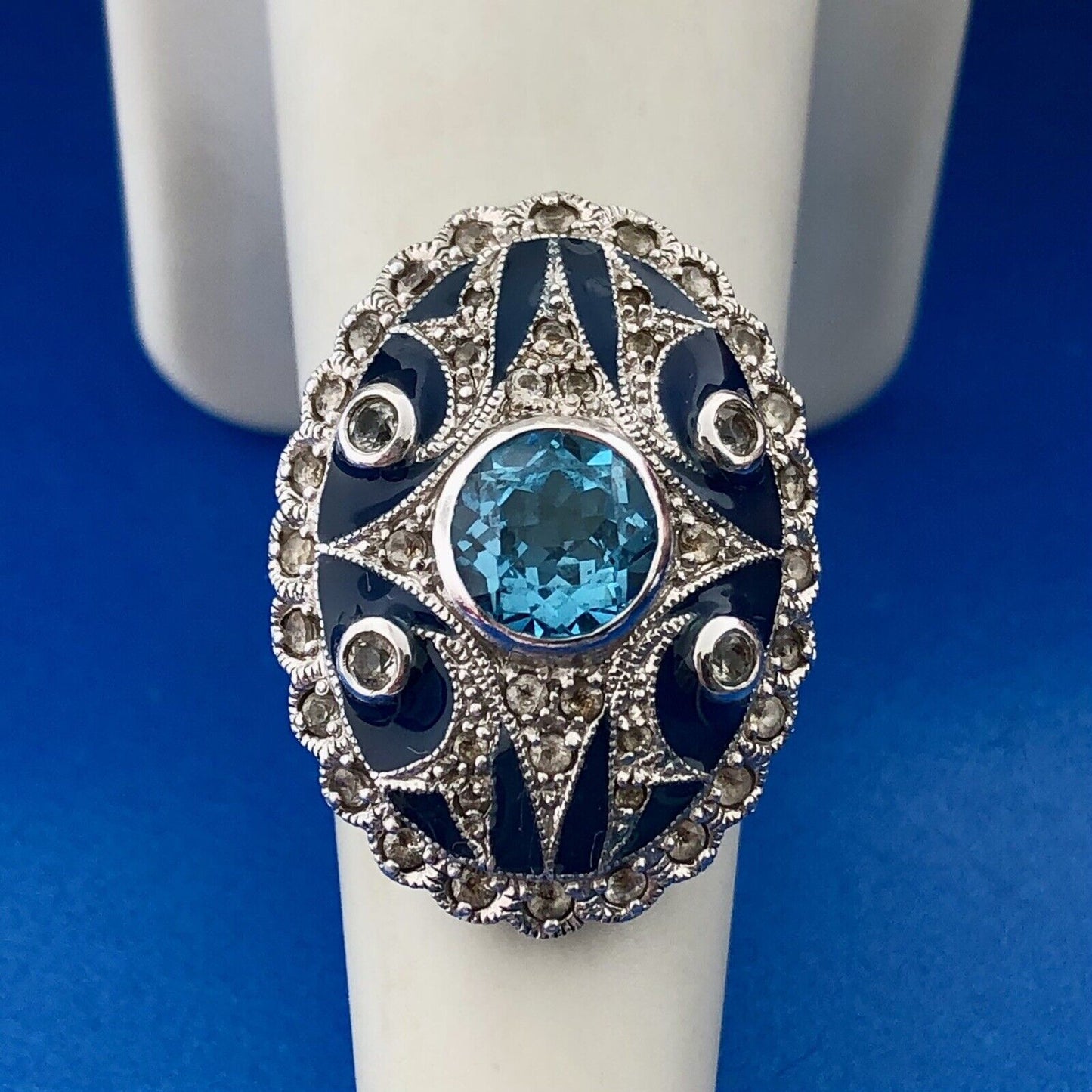 Designer Pd 925 Sterling Silver Blue Topaz White Amethyst Enamel Statement Ring