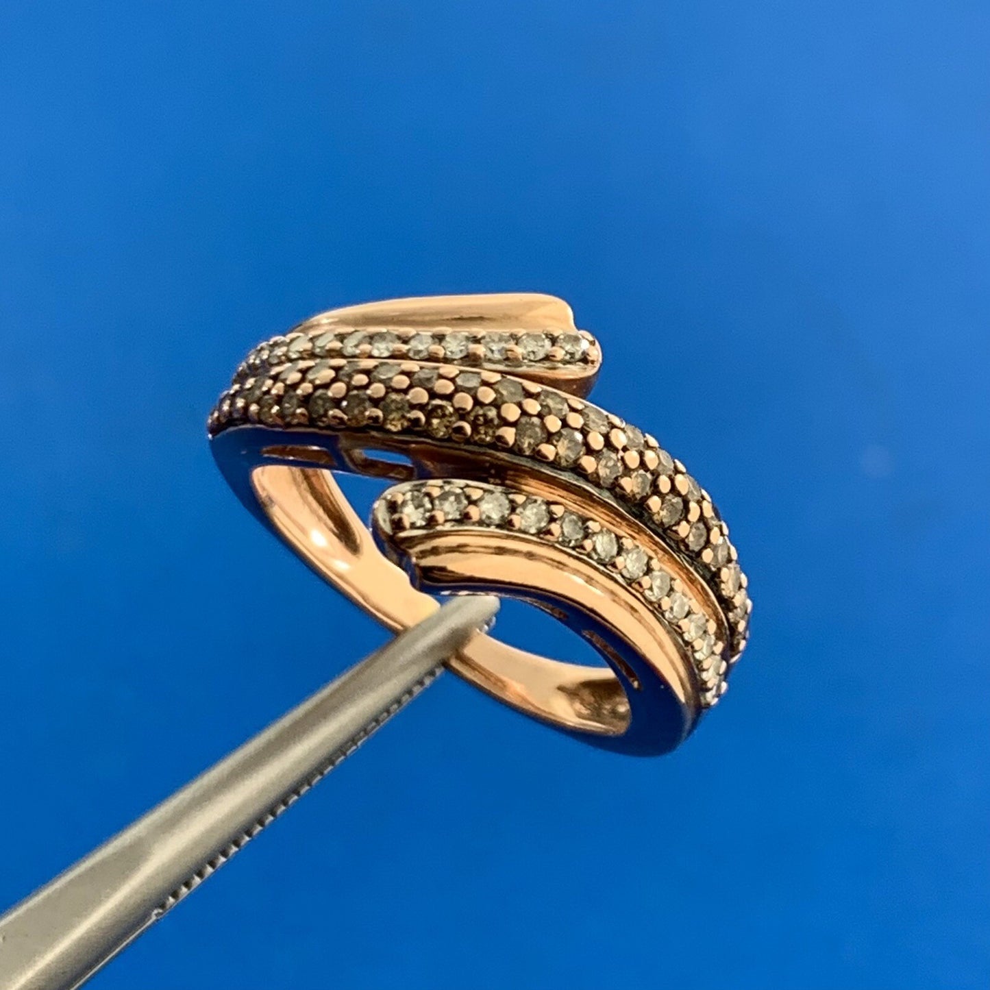 Designer 10K Rose Gold White & Chocolate Round Diamond Bypass Cocktail Band Ring