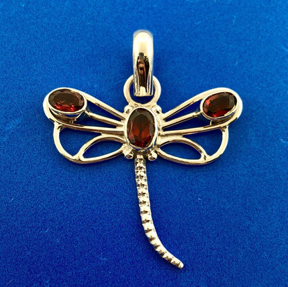Sterling Silver 925 Garnet 3D Open Work Dragonfly Insect Statement Pendant