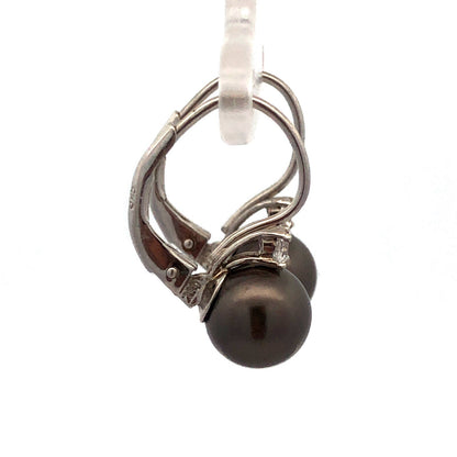 925 Sterling Silver Round Tahitian Pearl CZ Lever Back Dangle Earrings