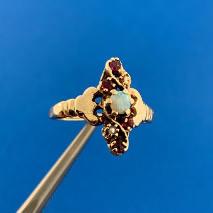 Gorgeous 10k Yellow Gold White Opal Red Ruby Gray Pearl Women's Ring Size 4