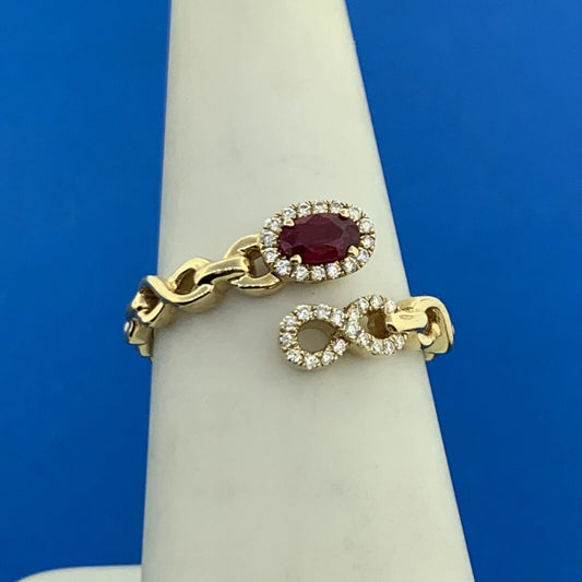 IZI Creations 14K Yellow Gold Oval Ruby Diamond Accented Open Band Bypass Ring