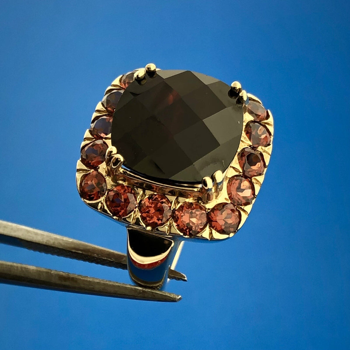 Designer 14K Yellow Gold Cushion Garnet Solitaire Halo January Anniversary Ring