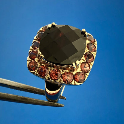 Designer 14K Yellow Gold Cushion Garnet Solitaire Halo January Anniversary Ring