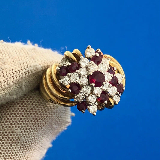 Gorgeous 14k Yellow Gold Diamond Ruby Towering Spiral Cluster Ring Size 4.75