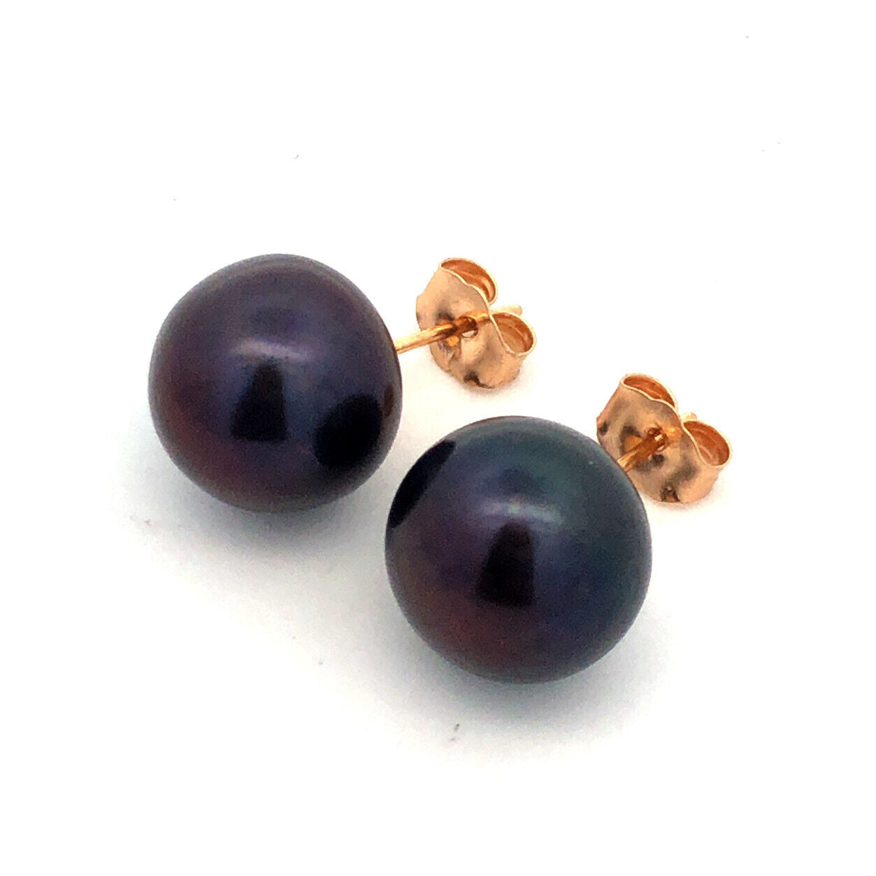 Designer 14K Yellow Gold Black Pearl Statement Stud Earrings 10.5mm