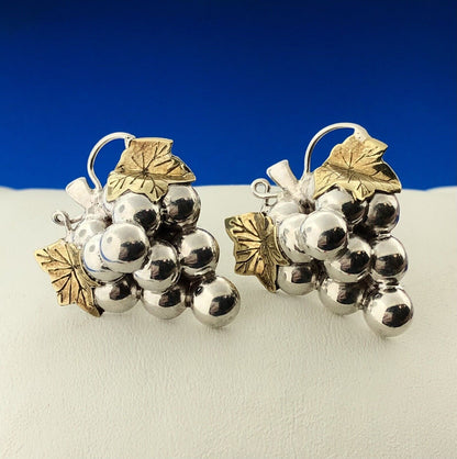 Vintage Brass Sterling Silver Grape Cluster Leaf Vine Statement Stud Earrings