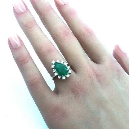 Vintage 18K White Gold Pear Natural Emerald Diamond Halo May Cocktail Ring