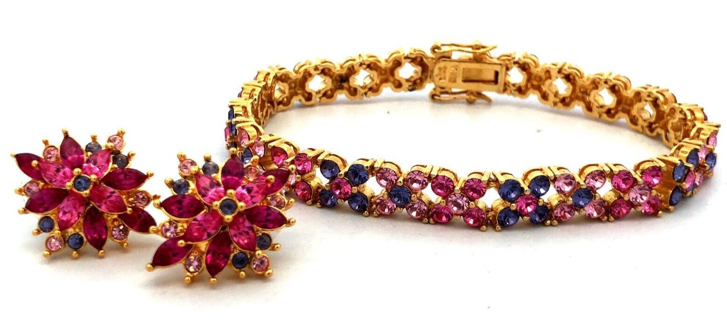 Joan Rivers Gold Tone Pink Purple Cubic Zirconia CZ Bracelet Earring 3 Pc Set