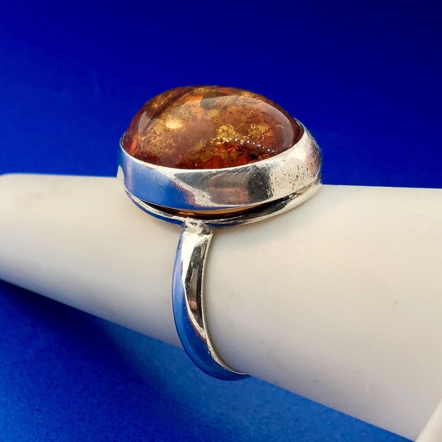 Designer Hallmarked 925 Sterling Silver Baltic Amber Oval Cabochon Fashion Ring