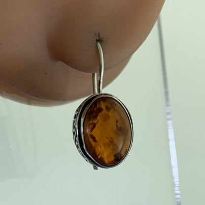 925 Sterling Silver Oval Amber Cabochon Balinese Style Drop Hook Earrings