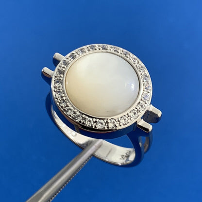Designer Modernist 925 Sterling Silver Mother Of Pearl White Topaz Halo Ring