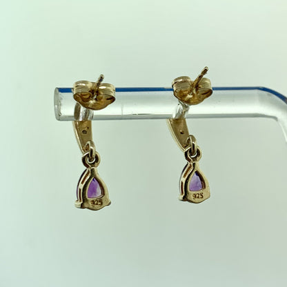 Estate Sterling Silver Vermeil Two Tone Amethyst Diamond Dangle Stud Earrings