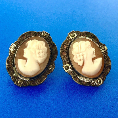 Victorian 925 Sterling Silver Carved Cameo Marcasite Statement Stud Earrings