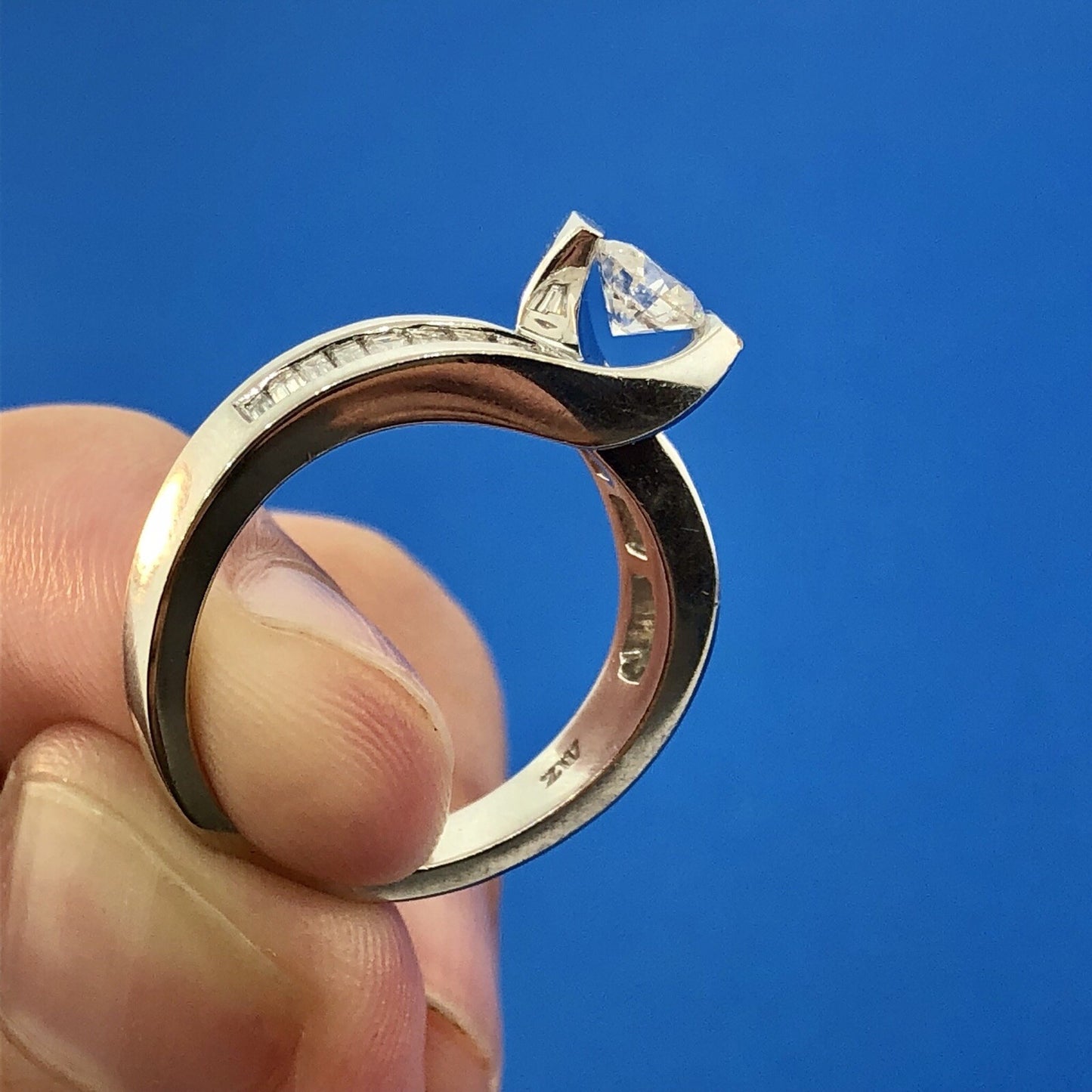 14K White Gold Diamond Solitaire W/Accents Suspension Bypass Engagement Ring