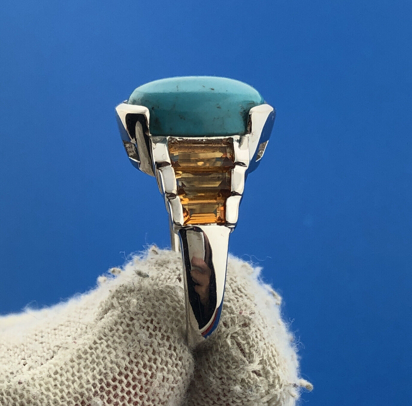 Stunning Sterling Silver 925 Oval Turquoise Cut Baguette Citrine Ring Size 6