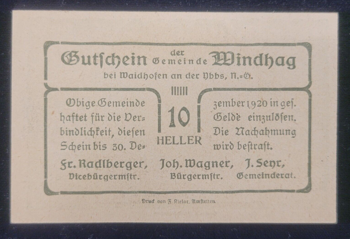 1920 10, 20 & 50 Heller, Windhag Municipality, Austria Obsolete Bank Note Set