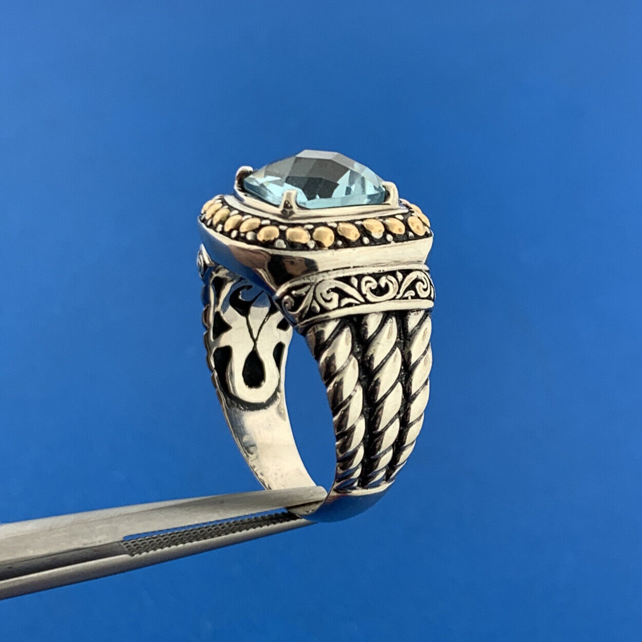 Designer 925 Sterling Silver 18K Yellow Gold Blue Topaz Balinese Style Ring