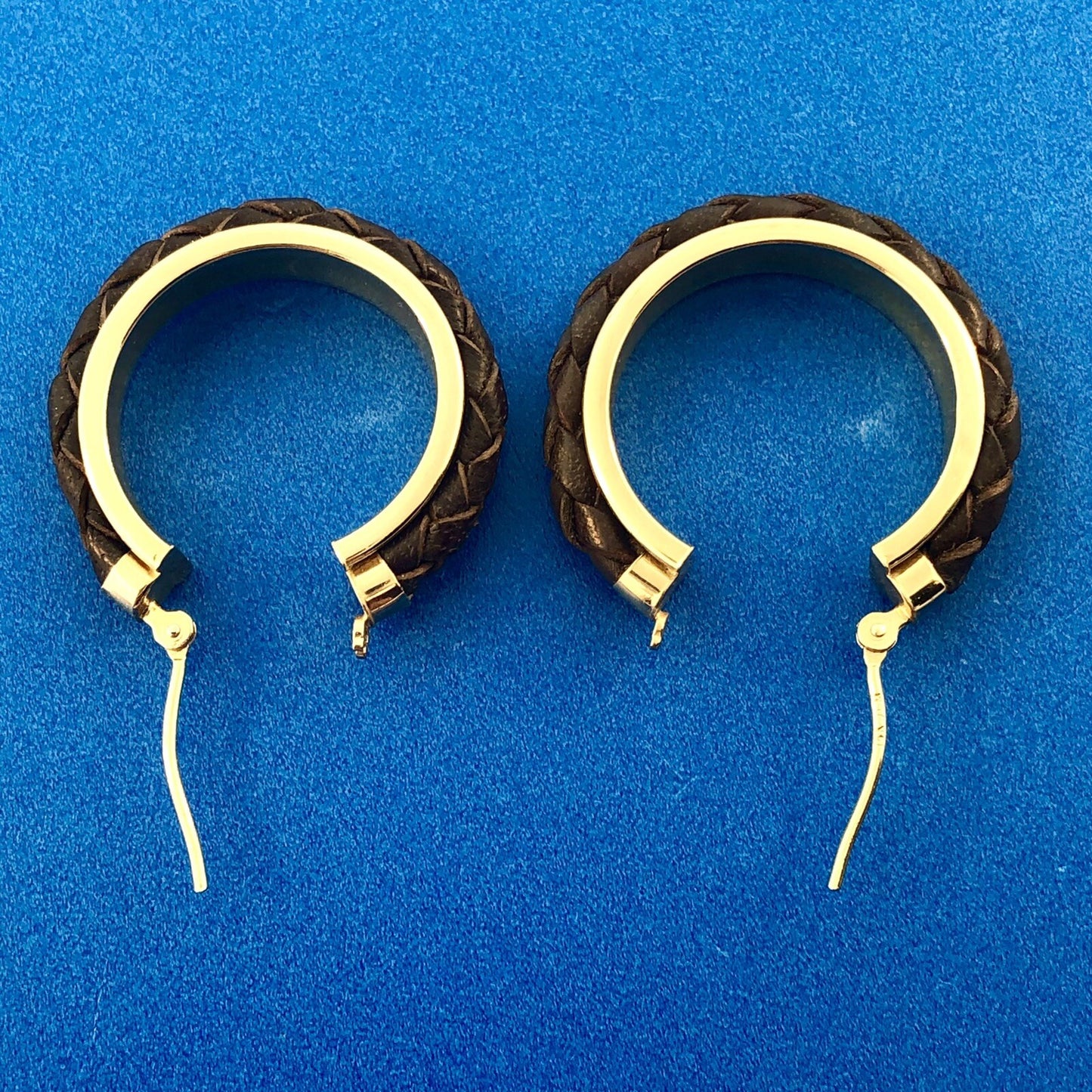 Jacmel JCM 14k Yellow Gold Braided Leather Rawhide Hoop Earrings