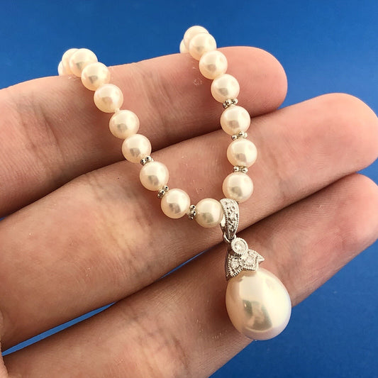 Fabulous 18K White Gold Diamond Pearl Wedding Bridal Drop Pendant Necklace