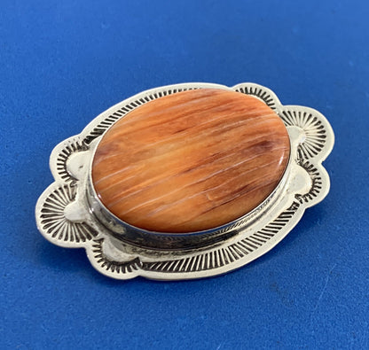 Native American Sterling Silver Oval Orange Spiny Turquoise Concho Pin Brooch