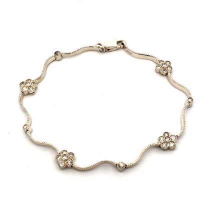 Designer 925 Sterling Silver Cubic Zirconia Flower Station Wavy Tennis Bracelet