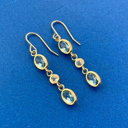 JCM 14K Yellow Gold Blue White Topaz December Occasion Dangle Drop Earrings