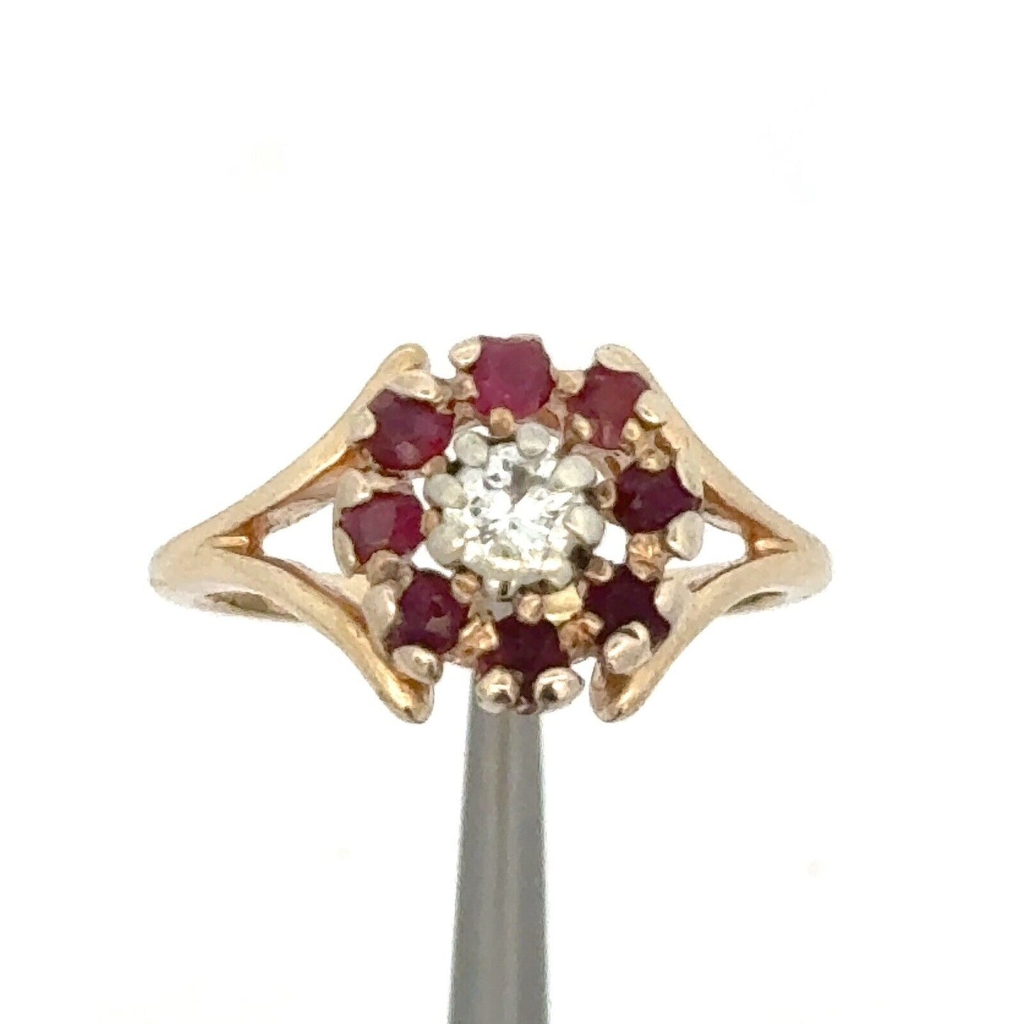 Designer 14K Yellow Gold Diamond Ruby Floral Flower Cocktail Ring