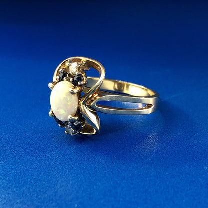 Retro 14K Yellow Gold Diamond Sapphire Opal Modernist Free Form Cocktail Ring