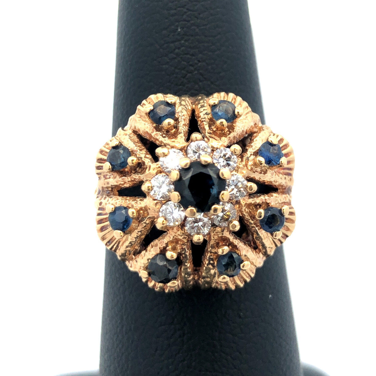 Retro 14K Yellow Gold Sapphire Diamond September Anniversary Princess Harem Ring