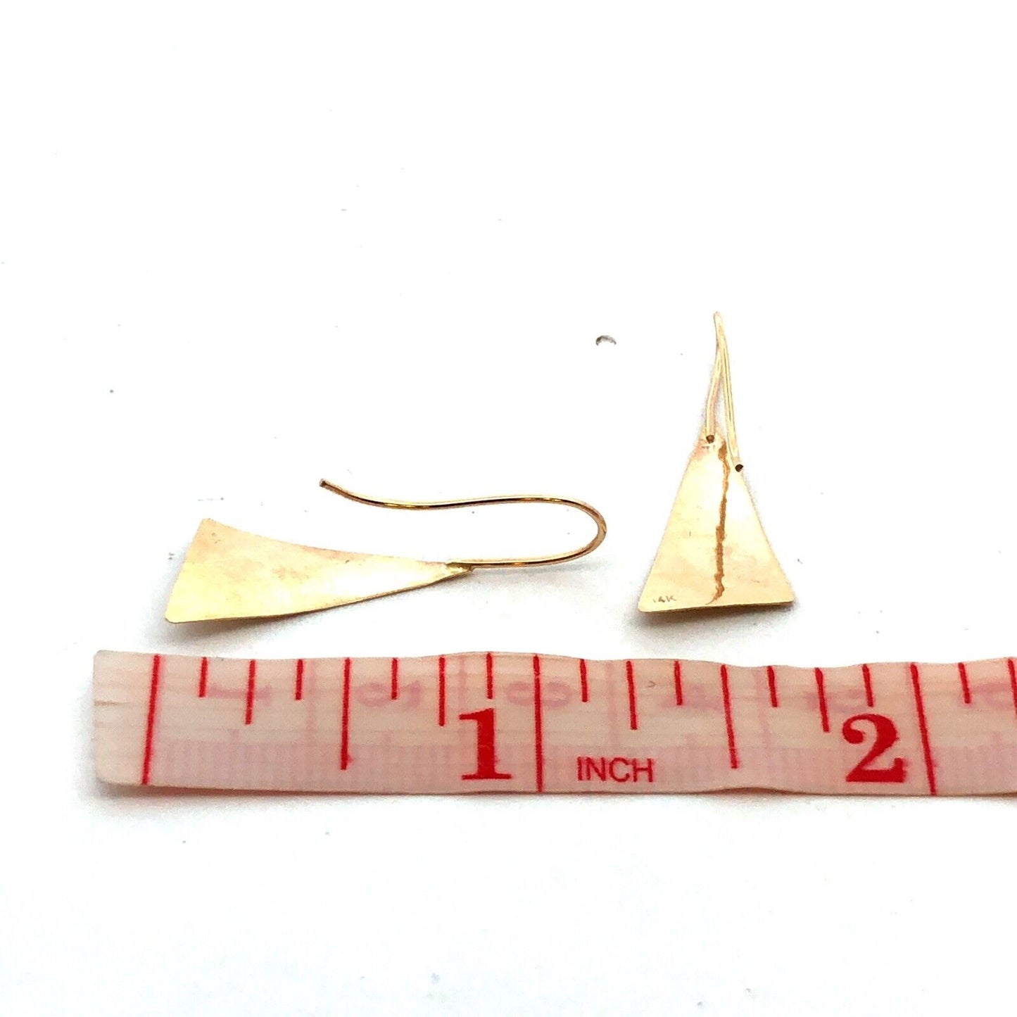 14K Yellow Gold Hammered Textured Modernist Triangle Dangle Earrings
