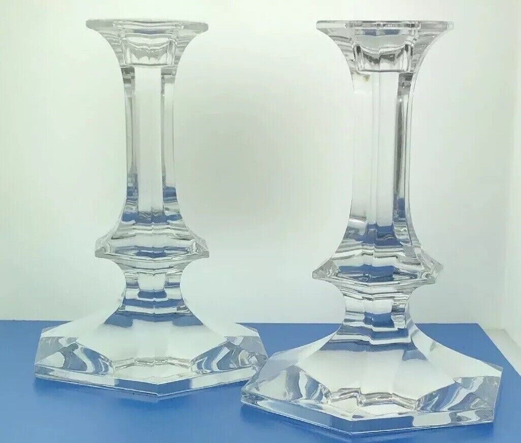 Val St Lambert Elysee Pattern Belgium Crystal Cut Glass Pair of Candlesticks