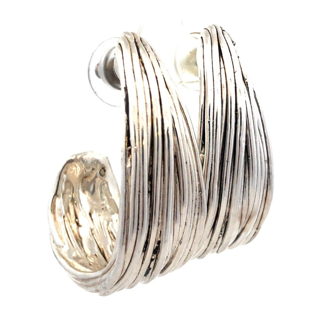 Estate Sterling Silver Textured Ribbed Modernist Drop Dangle Half Hoop Earrings