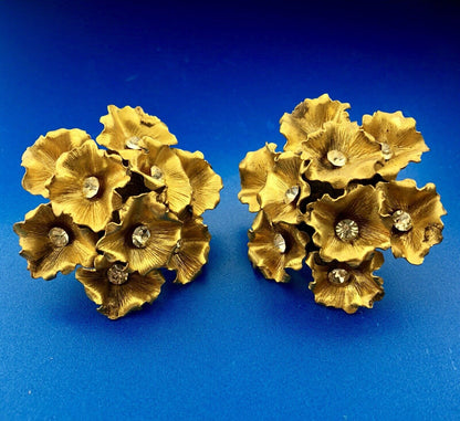 Vintage Gold Tone 3D Rhinestone Floral Cluster Statement Runway Clip Earrings