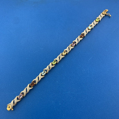 FAS 925 Sterling Silver Vermeil Diamond Oval Multi Gemstone X O Tennis Bracelet