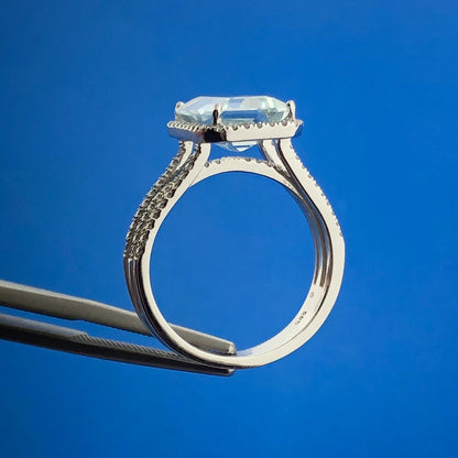 14K White Gold Solitaire Aquamarine Diamond Halo Accented March Anniversary Ring