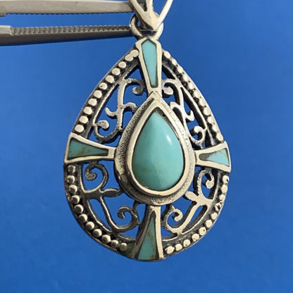 Balinese Style 925 Sterling Silver Pear Turquoise Bead And Scroll Pendant
