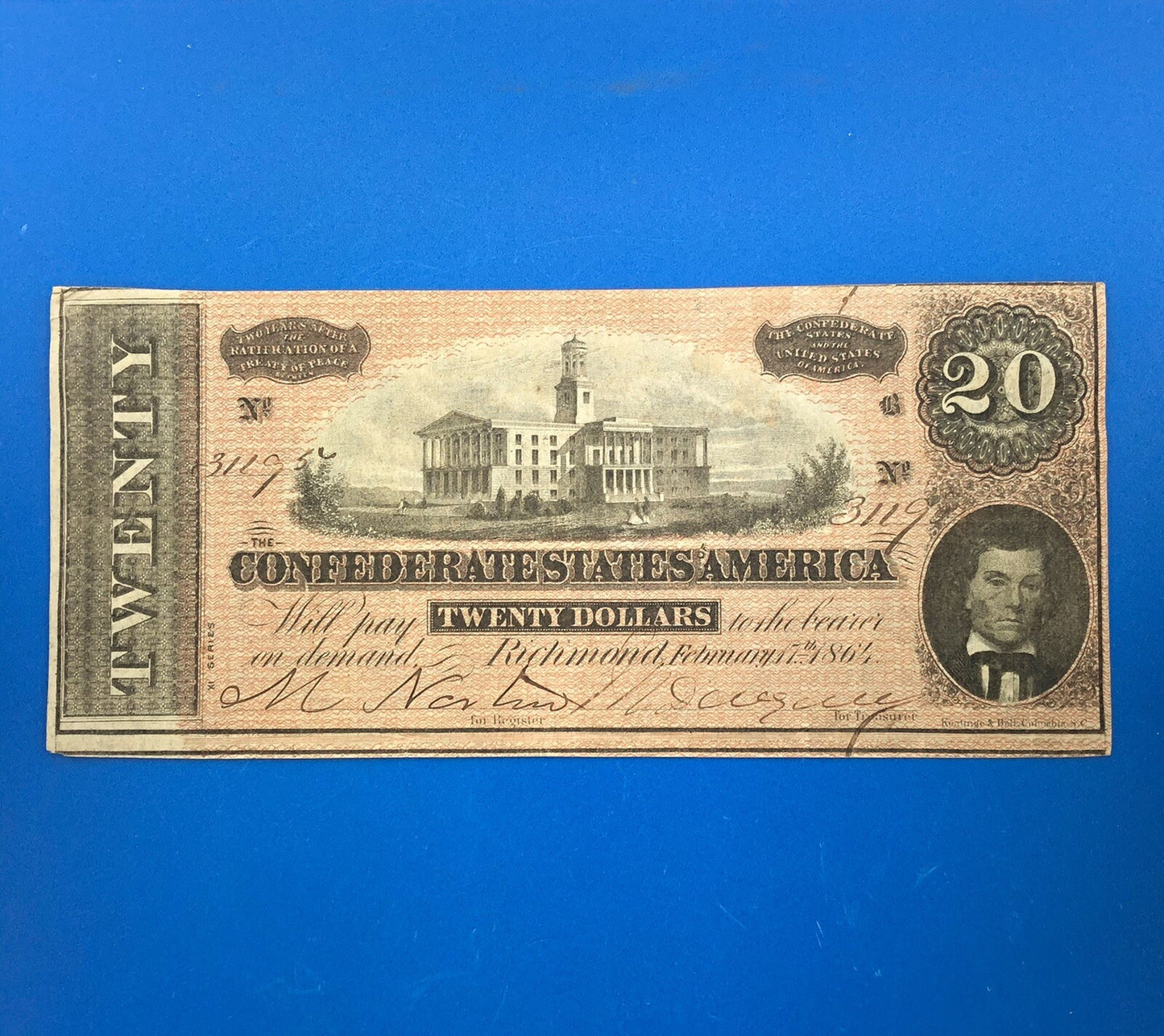 1864 $20 Twenty Dollars Confederate States of America CSA Last Issue T-67 Curren