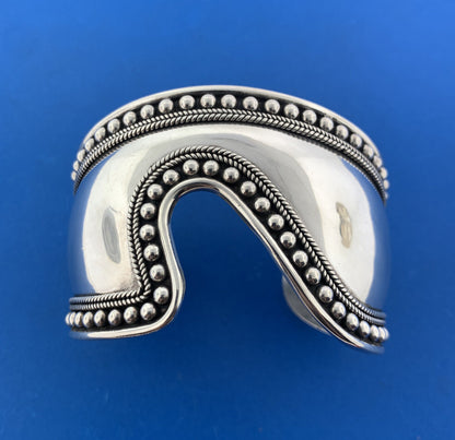BA Suarti 925 Sterling Silver Rope Beaded Modernist Statement Cuff Bracelet