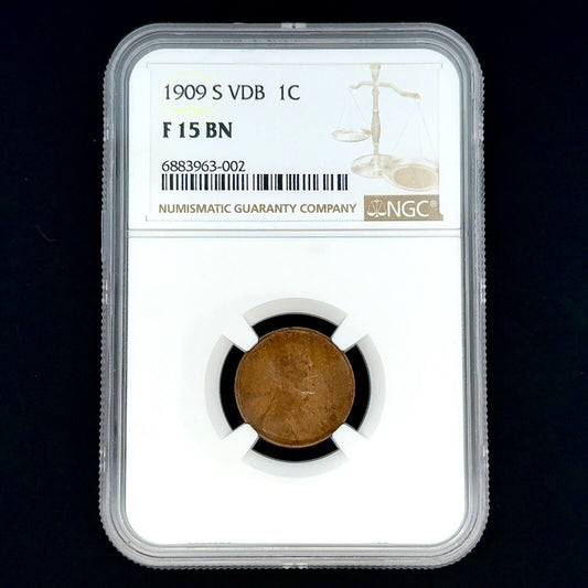 1909 S VDB Lincoln One Cent NGC F15 BN Better Key San Francisco Coin