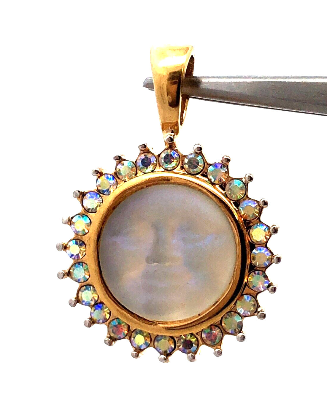 Kirk's Folly Gold Tone Aurora Bourealis Rhinestone Irridescent Man Moon Pendant