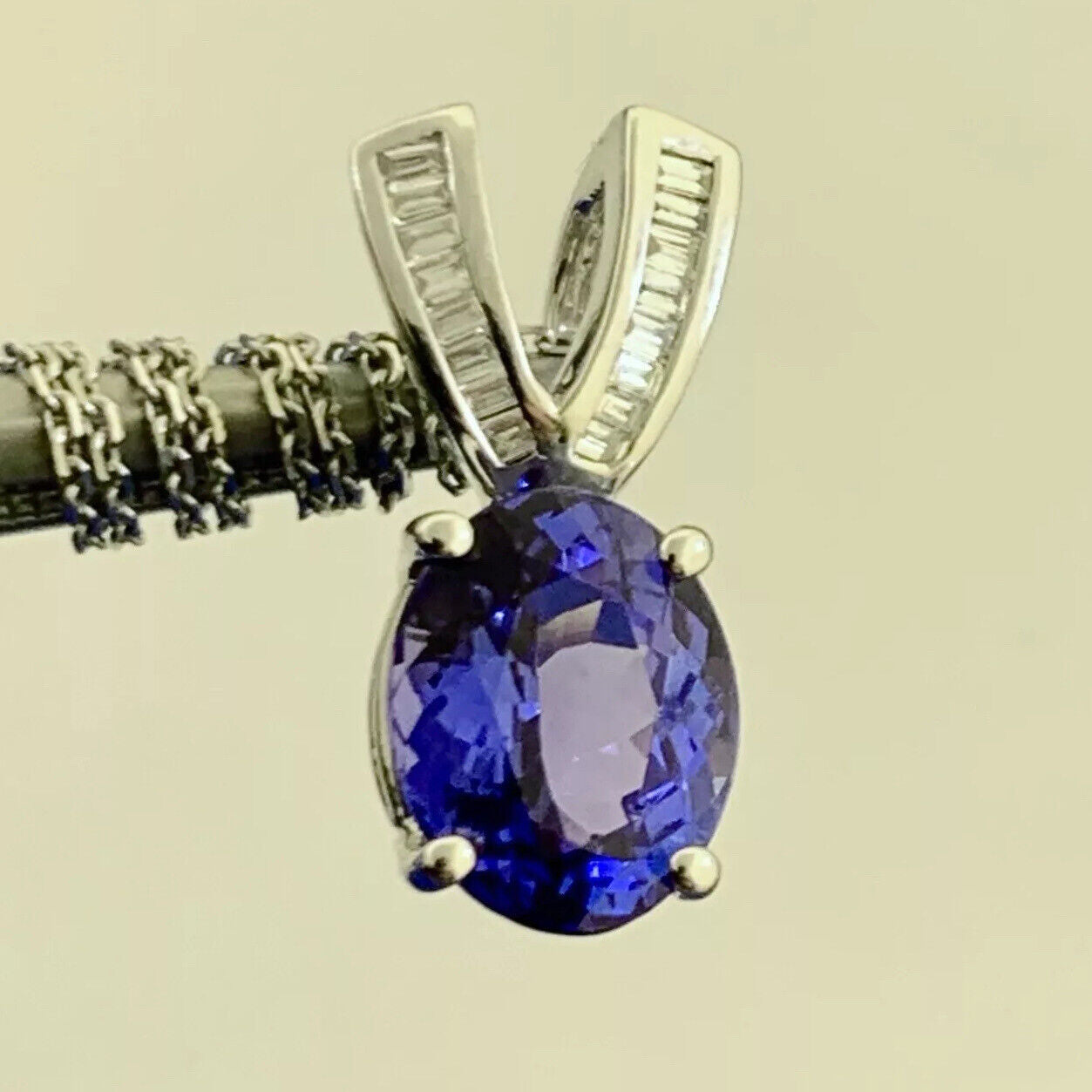 Designer 14K White Gold Oval Purple Tanzanite Diamond Accented Pendant Necklace