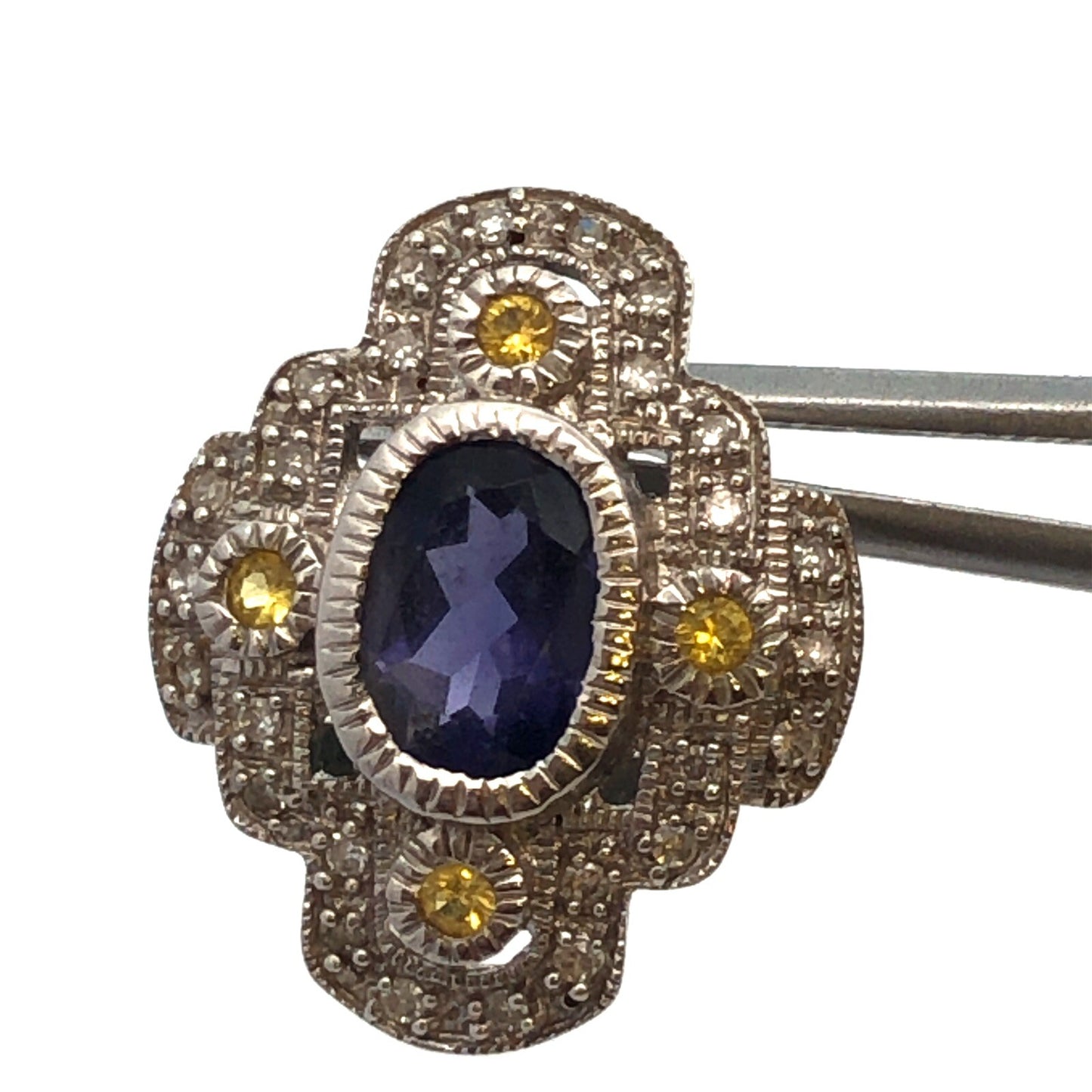 Designer 10K White Gold Oval Tanzanite Yellow Topaz Diamond Stud Earrings