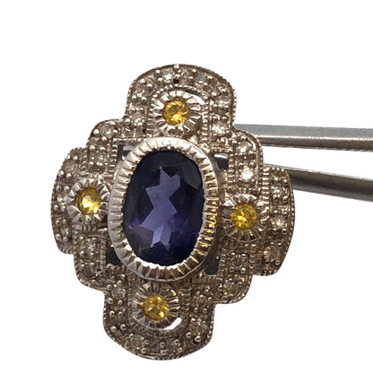 Designer 10K White Gold Oval Tanzanite Yellow Topaz Diamond Stud Earrings