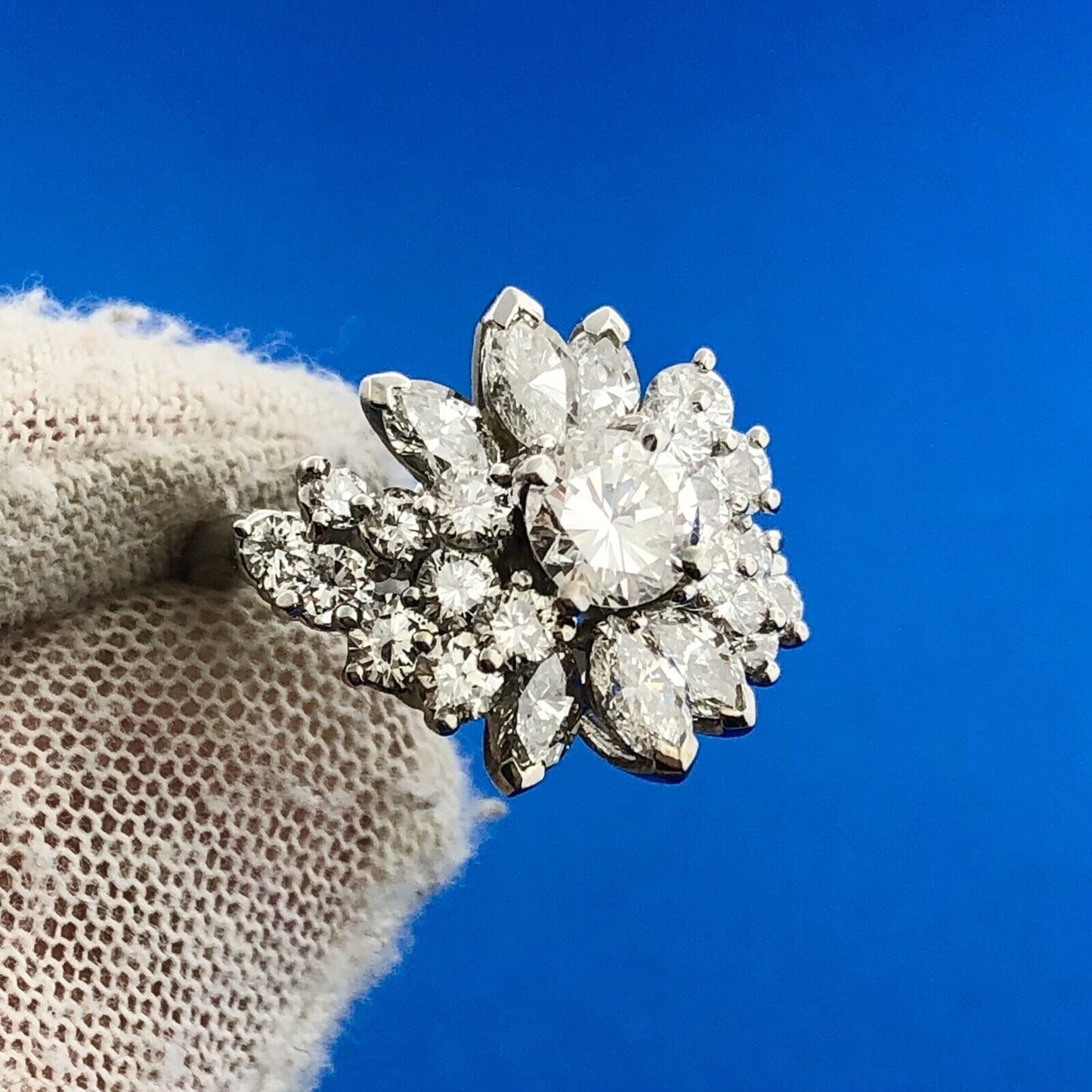 Phenomenal Platinum Multi-Cut Diamond Blooming Floral Cluster Ring Size 4.25