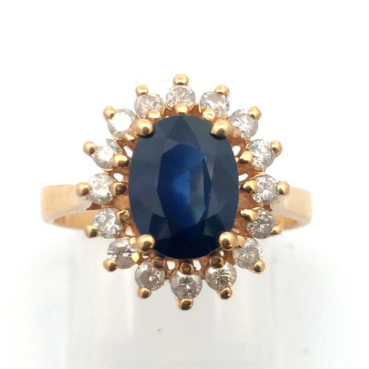 Designer 14K Yellow Gold Oval Blue Sapphire Diamond Halo Statement Cocktail Ring