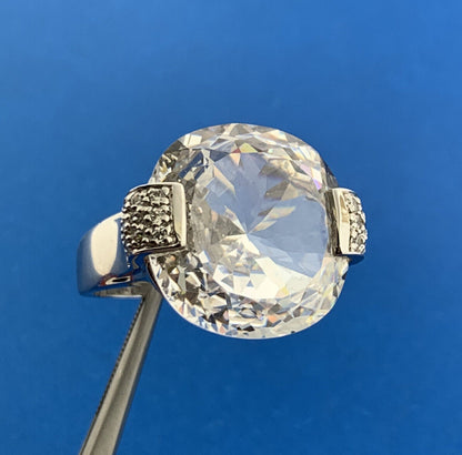 Designer 925 Sterling Silver Cubic Zirconia Solitaire W/Accents Statement Ring