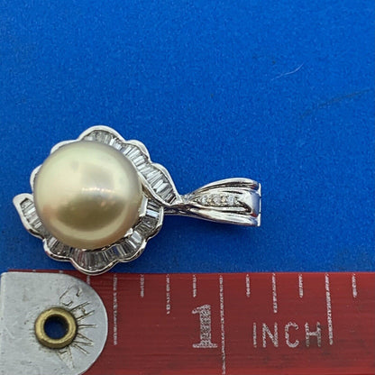 Estate 14K White Gold Pearl Diamond Baguette Halo Statement Enhancer Pendant