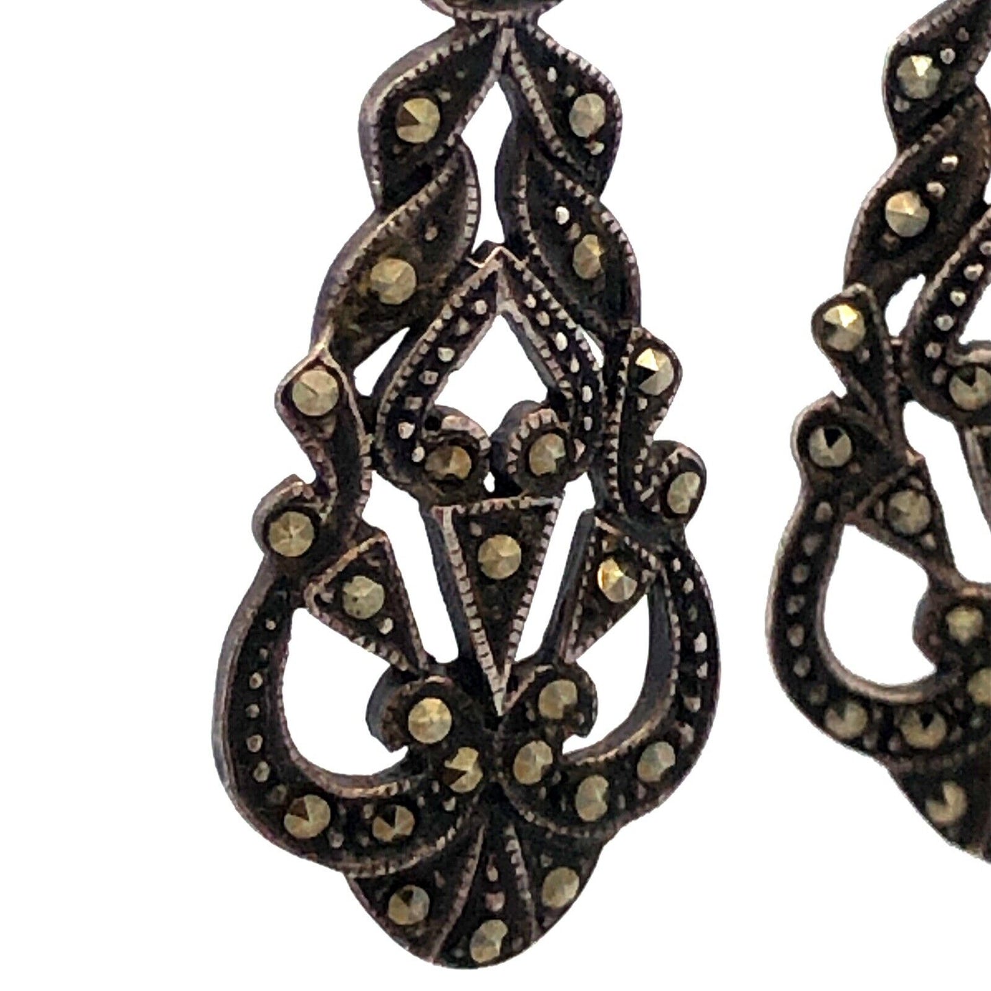 Designer SU 925 Sterling Silver Marcasite Art Deco Style Dangle Stud Earrings