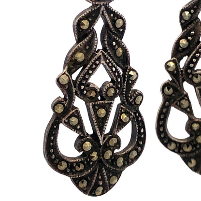 Designer SU 925 Sterling Silver Marcasite Art Deco Style Dangle Stud Earrings